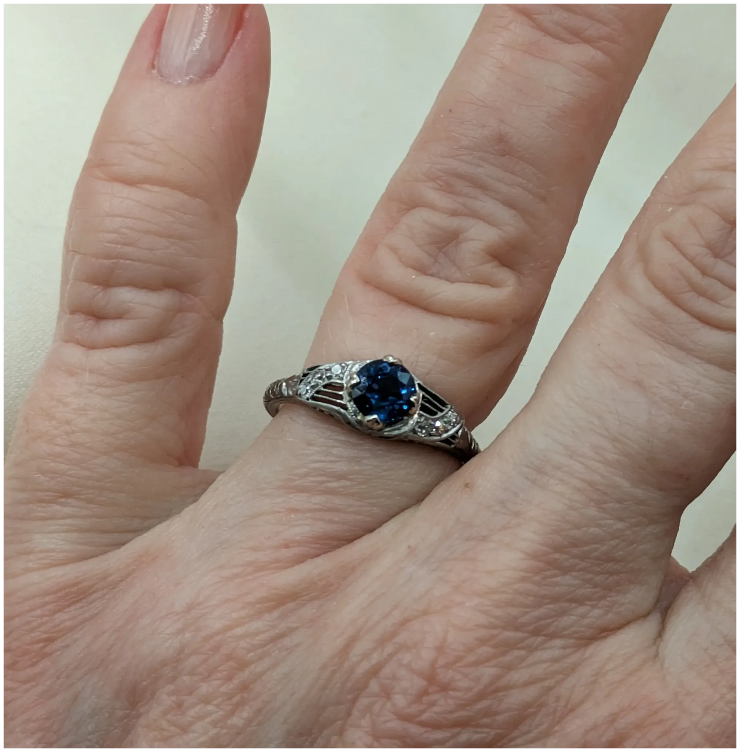 Deco 10% iridium Platinum Sapphire and Diamond Ring
