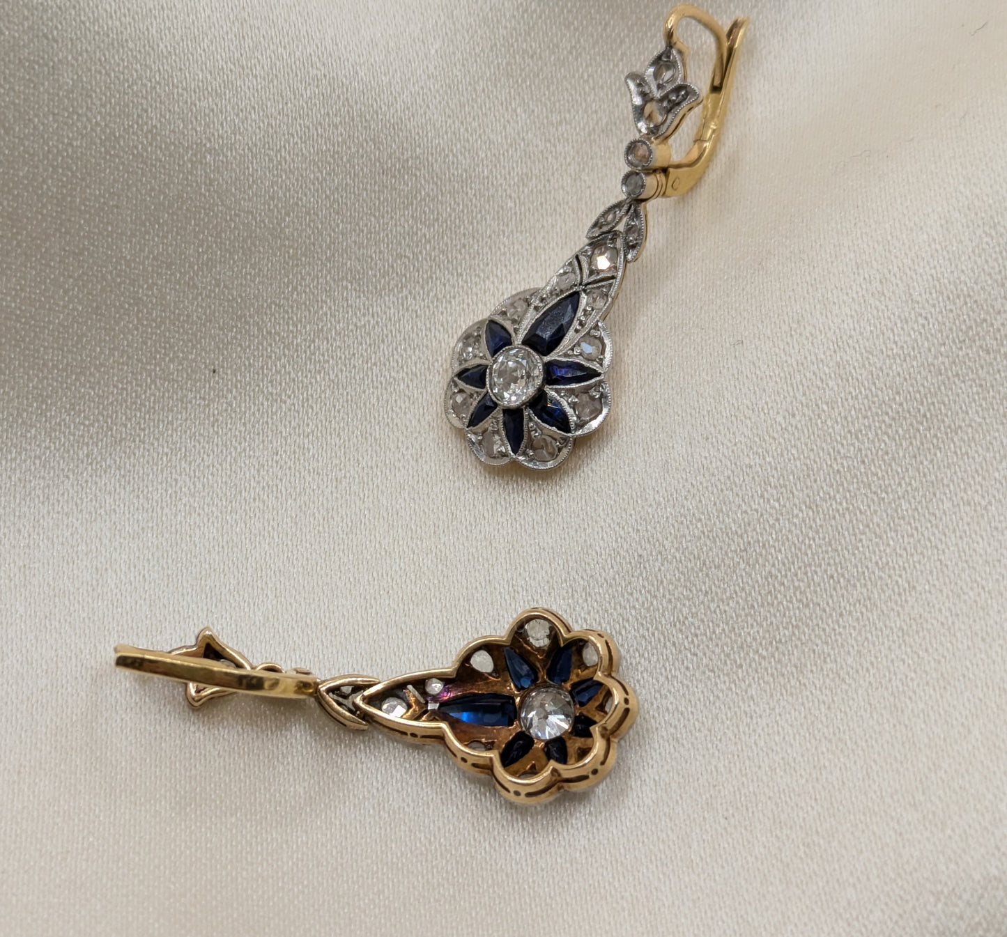 Edwardian 18k and Platinum Diamond Sapphire Flower Earrings
