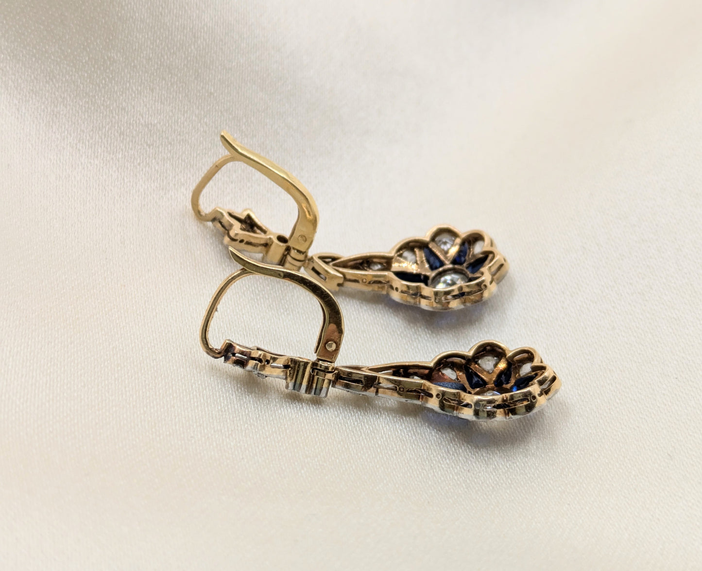 Edwardian 18k and Platinum Diamond Sapphire Flower Earrings