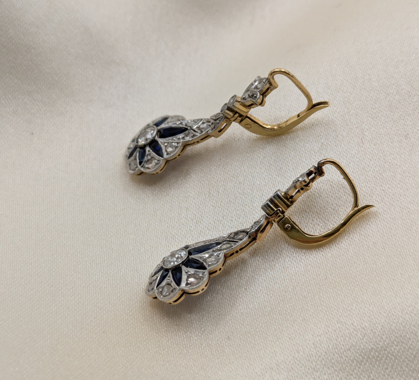Edwardian 18k and Platinum Diamond Sapphire Flower Earrings