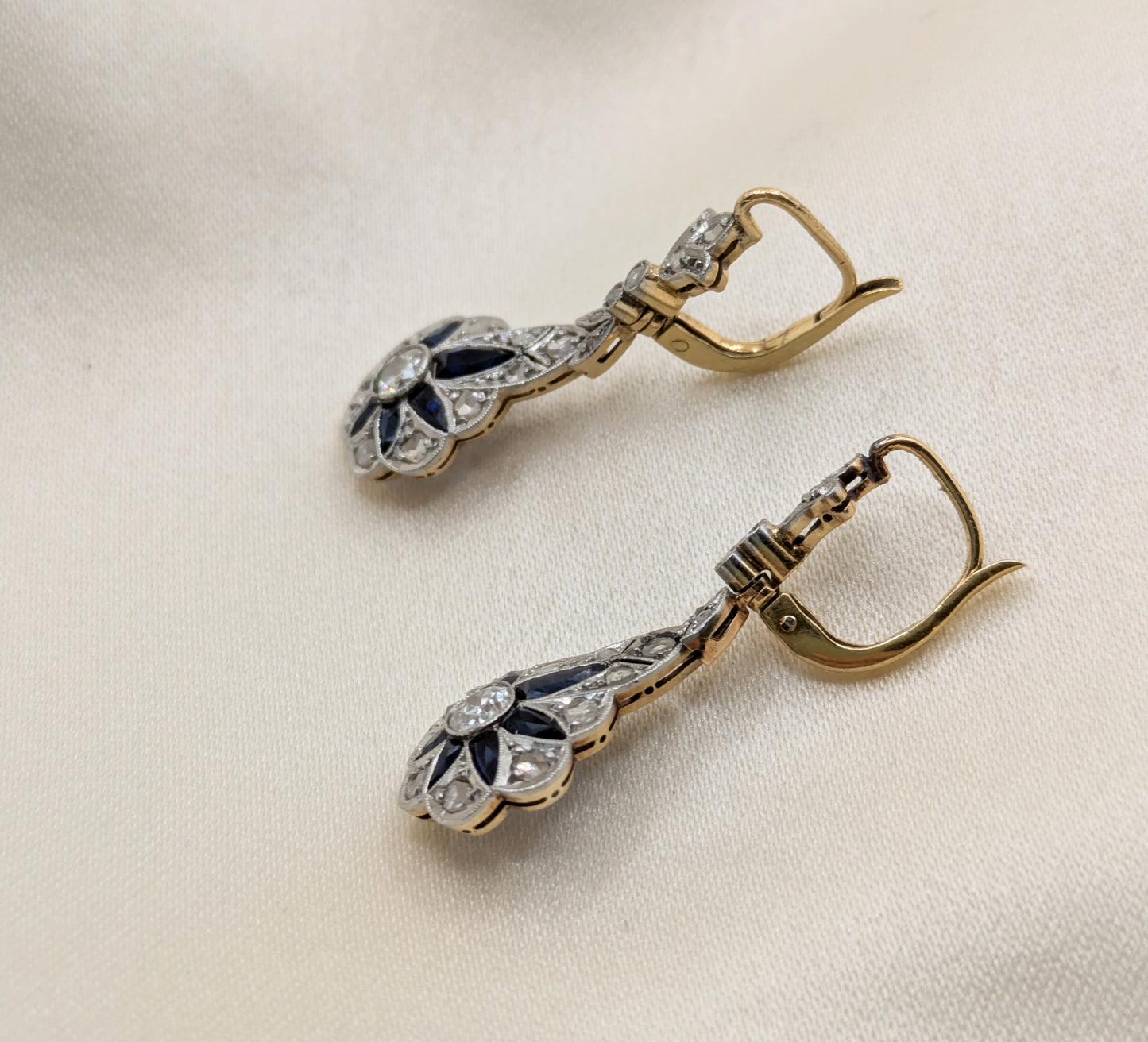 Edwardian 18k and Platinum Diamond Sapphire Flower Earrings