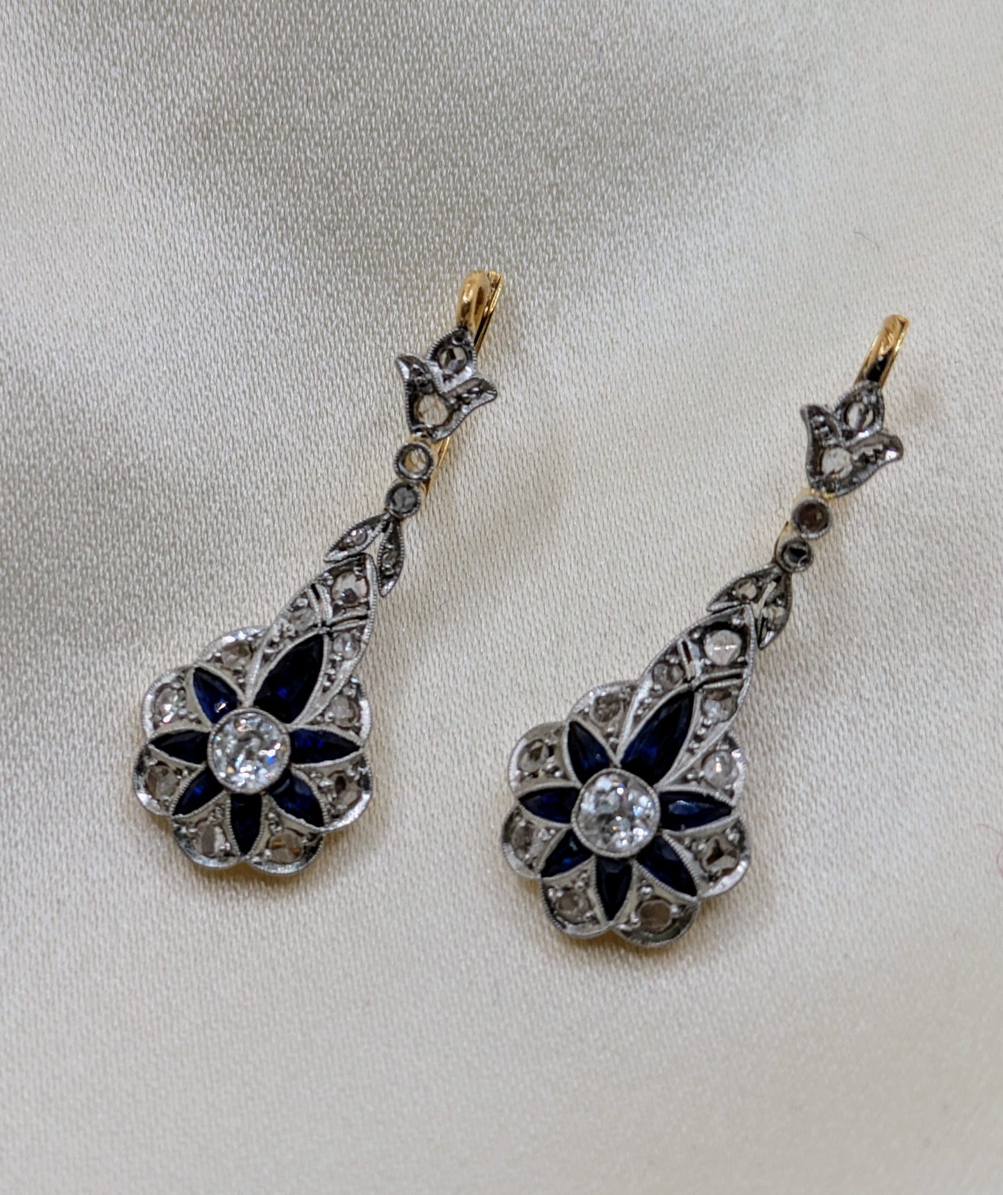 Edwardian 18k and Platinum Diamond Sapphire Flower Earrings