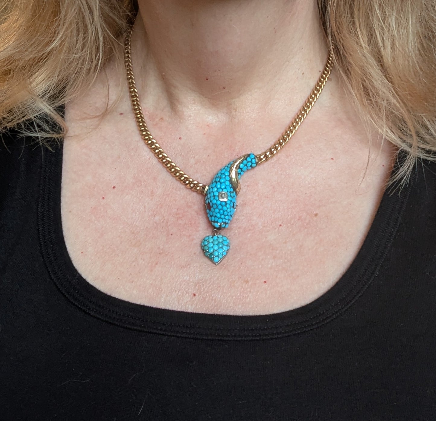 Antique Snake Necklace 14k Gold, diamond and Turquoise