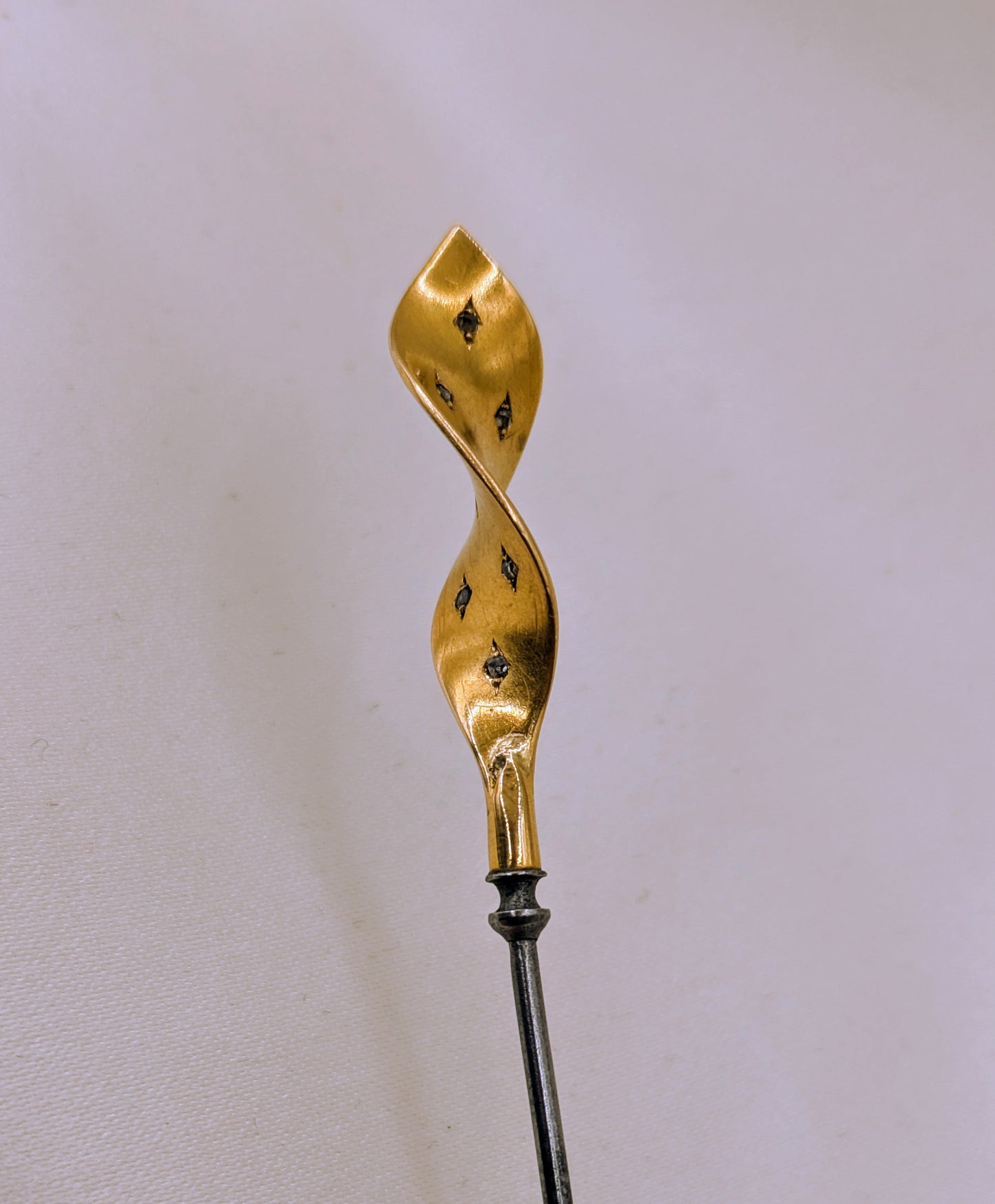 Antique French 18k Gold and Steel Hat Pin with Rose Cut Diamonds