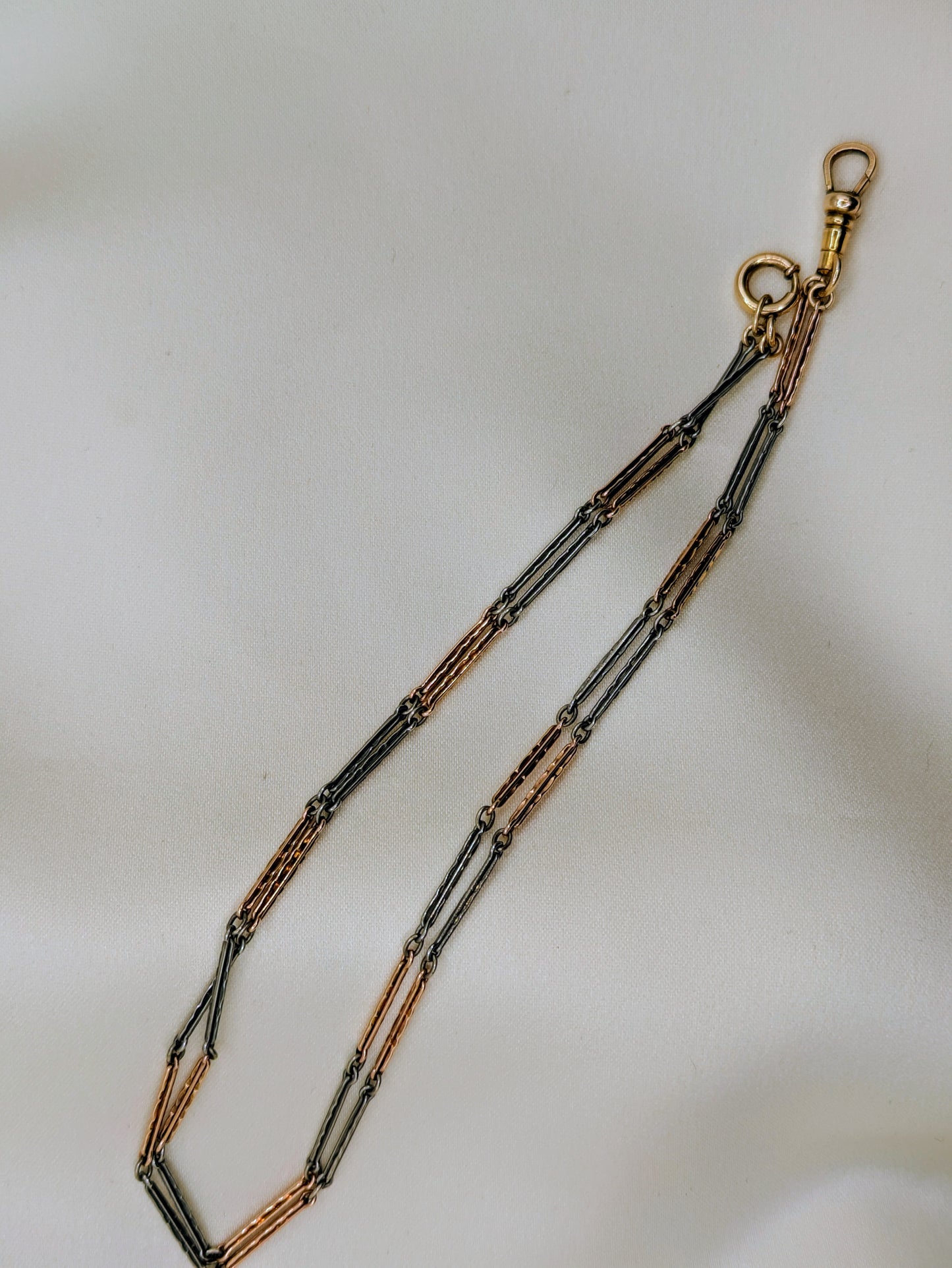 Striking Long Two Tone Pink and White Gold Filled Watch Chain Necklace