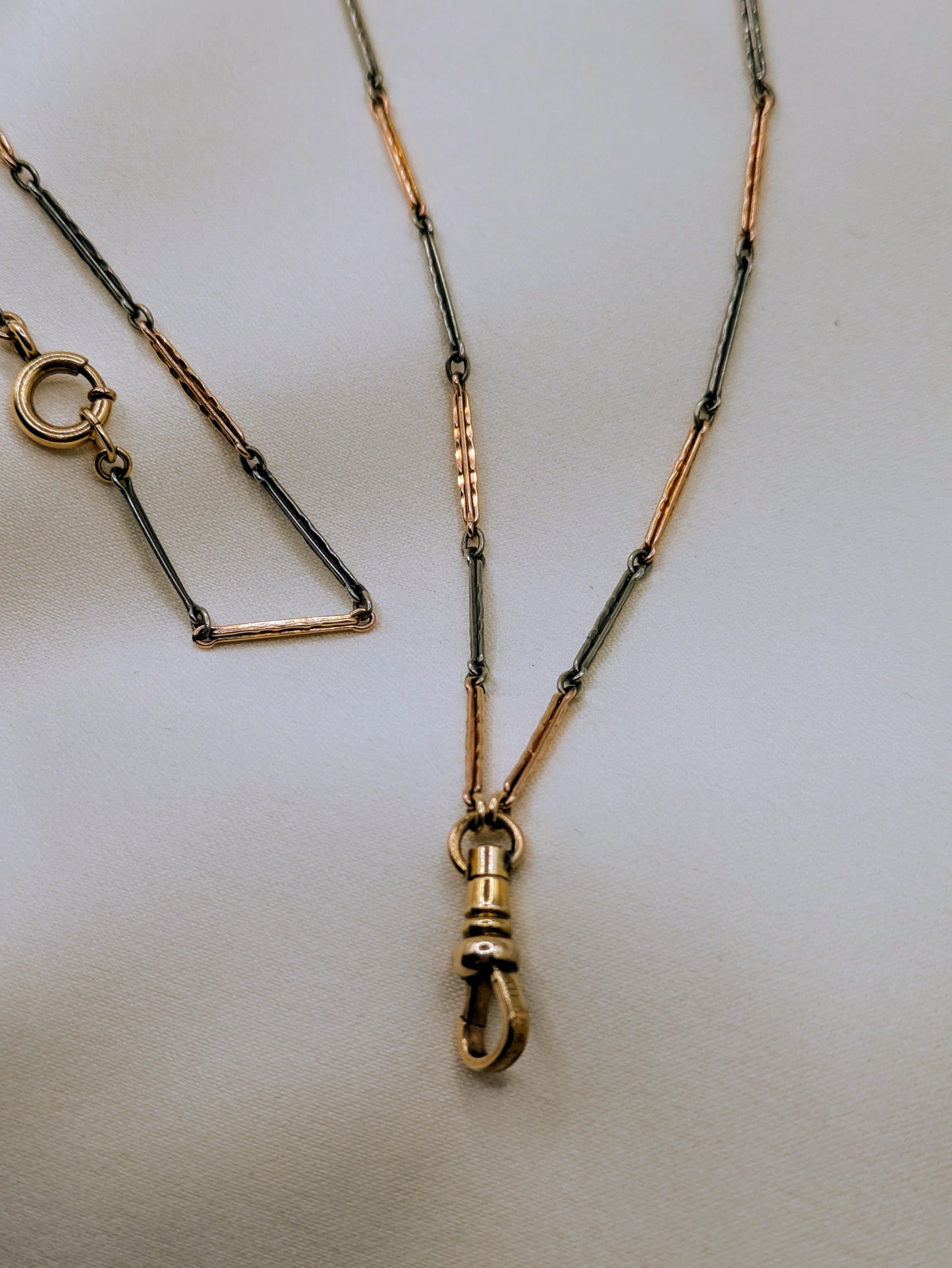 Striking Long Two Tone Pink and White Gold Filled Watch Chain Necklace