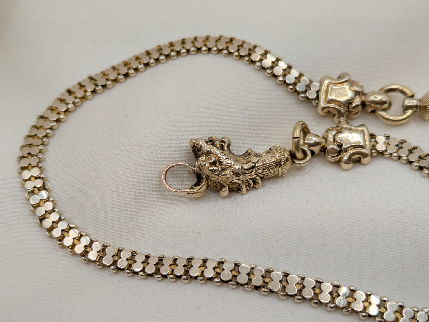 Fabulous Victorian Gargoyle Watch Chain 9k solid gold chain and 12k heavy gold shell