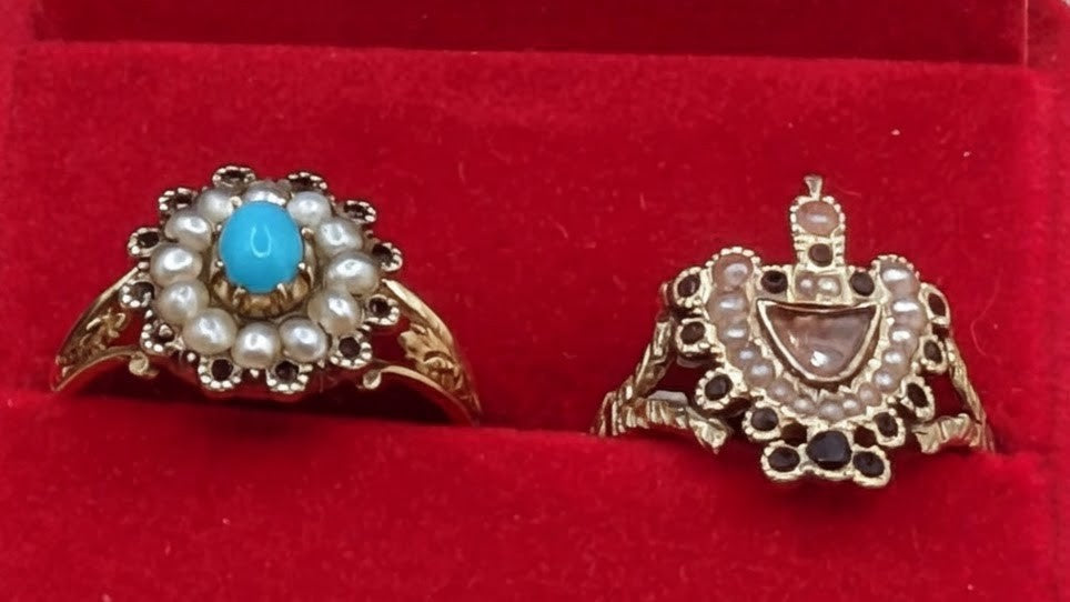 Beautiful circa 1840 Turquoise Pearl and Faceted Jet Gold Ring