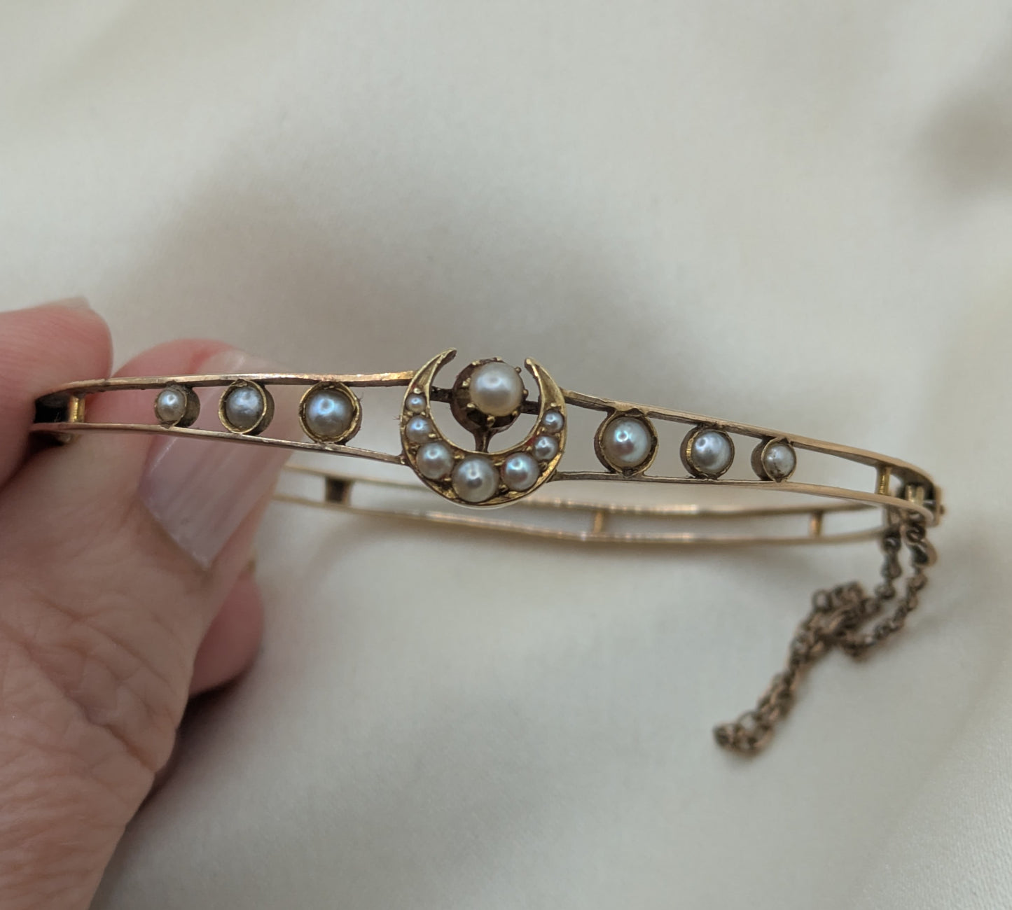 Beautiful Victorian 14k Gold crescent Moon Bangle Bracelet with pearls, inscribed December 1892!
