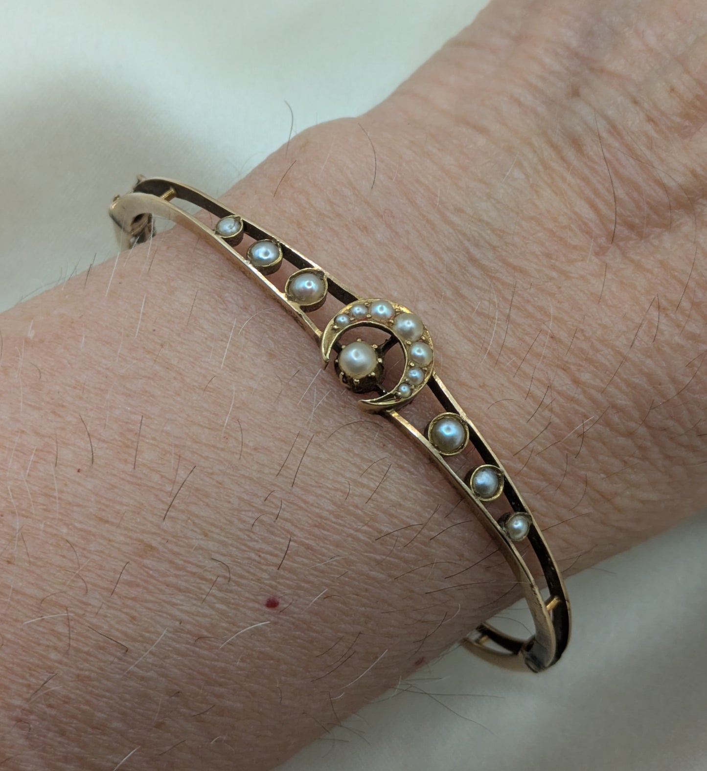 Beautiful Victorian 14k Gold crescent Moon Bangle Bracelet with pearls, inscribed December 1892!