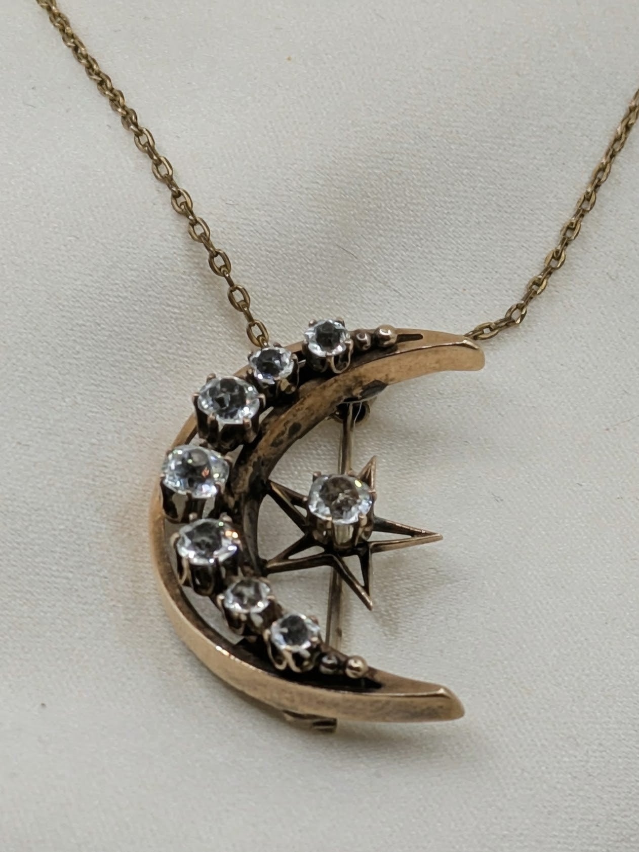 10k Victorian crescent Moon and Star Brooch Mine Cut Pastes