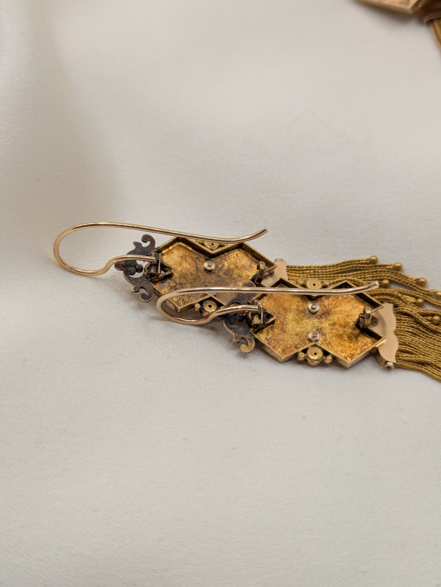 Long and Lovely Victorian 14k Fringe Tassel earrings and Brooch Demi Parure circa 1870