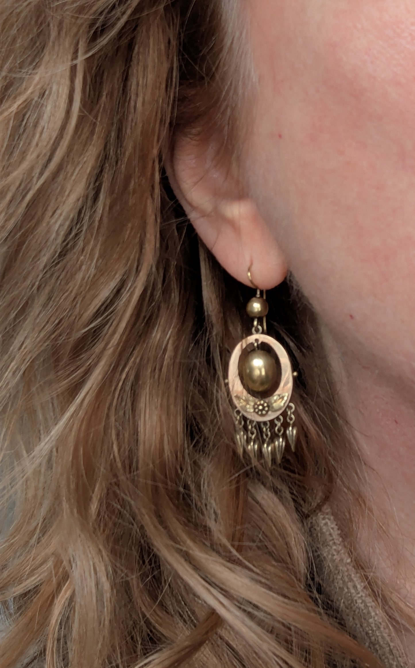 Victorian Demi Parure Earrings and Brooch 14k Yellow Gold with Green Gold Accents