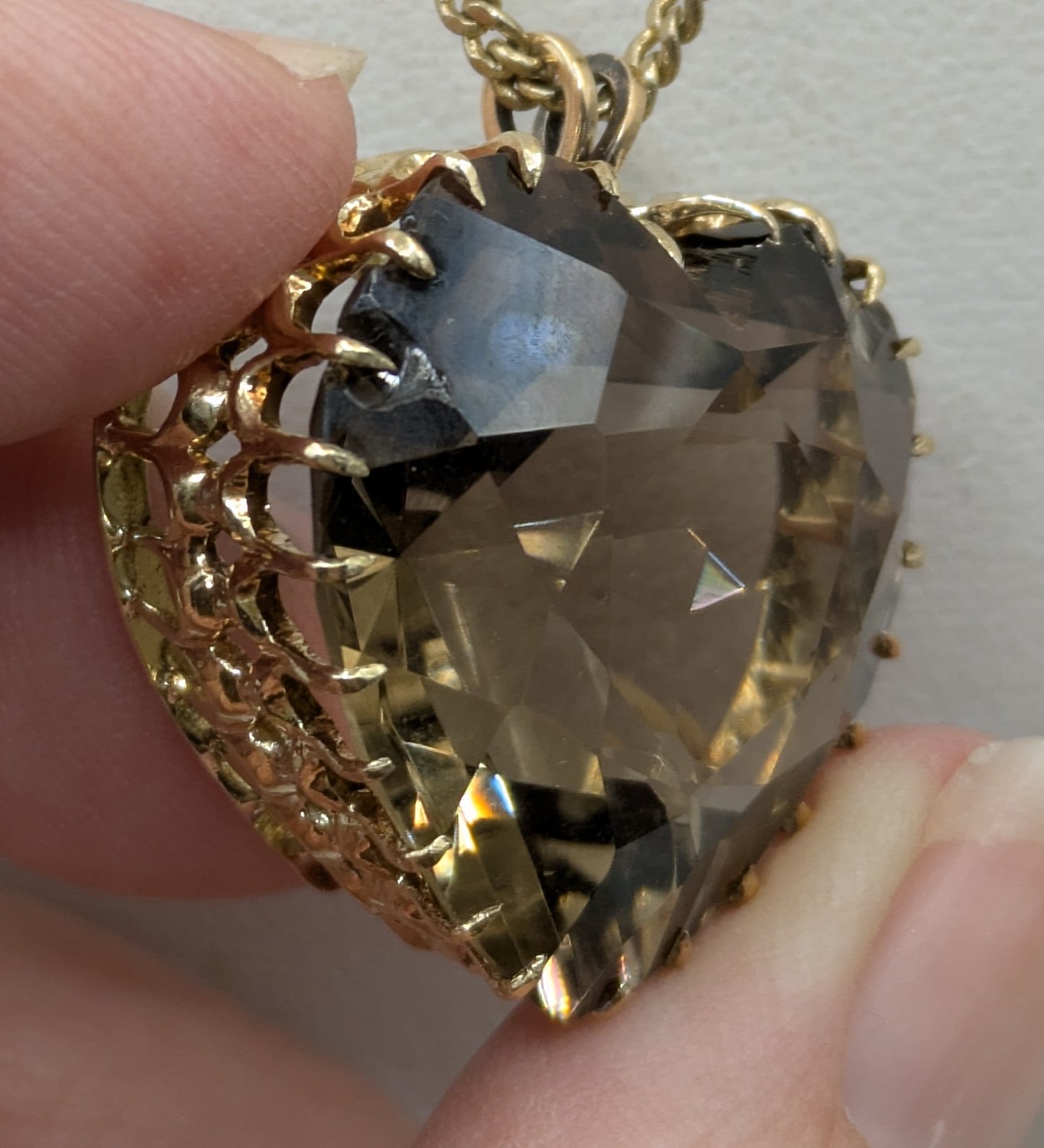 Huge Smokey Quartz Faceted Heart Pendant in 14k Settng