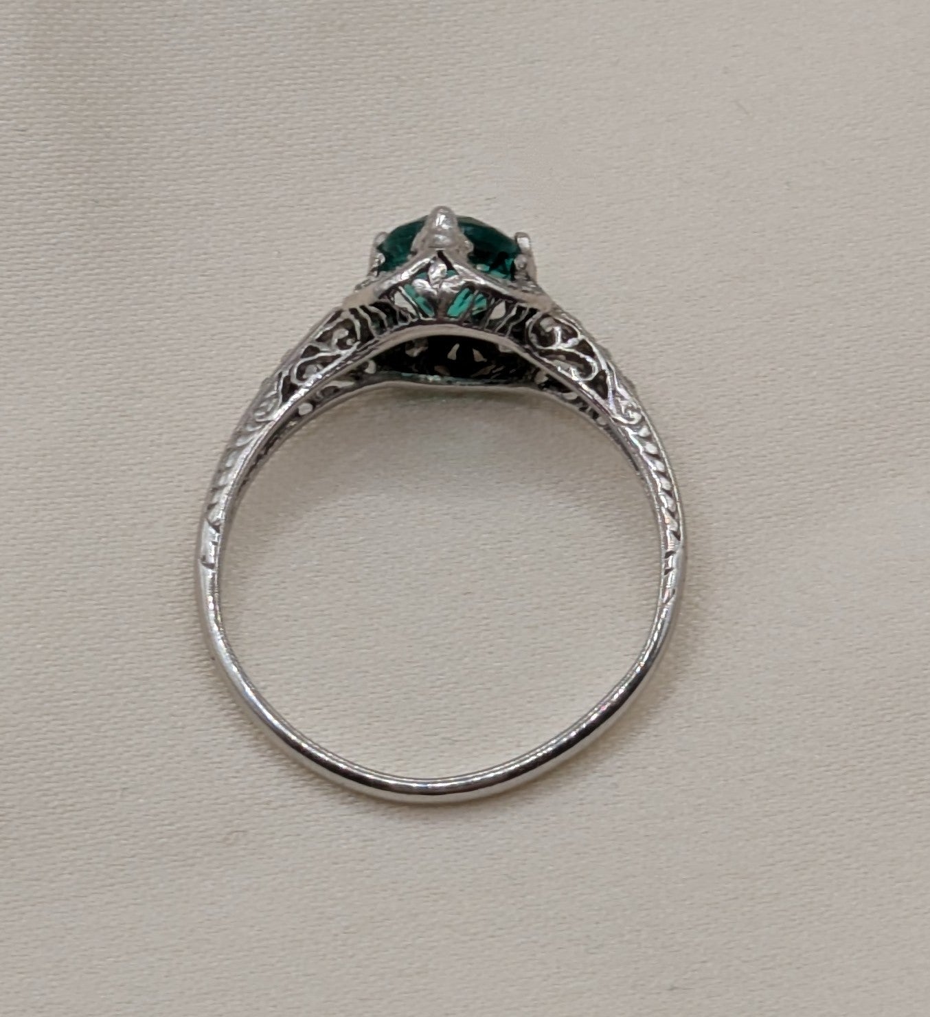 Antique Platinum Diamond Ring with new 1.1 carat Emerald