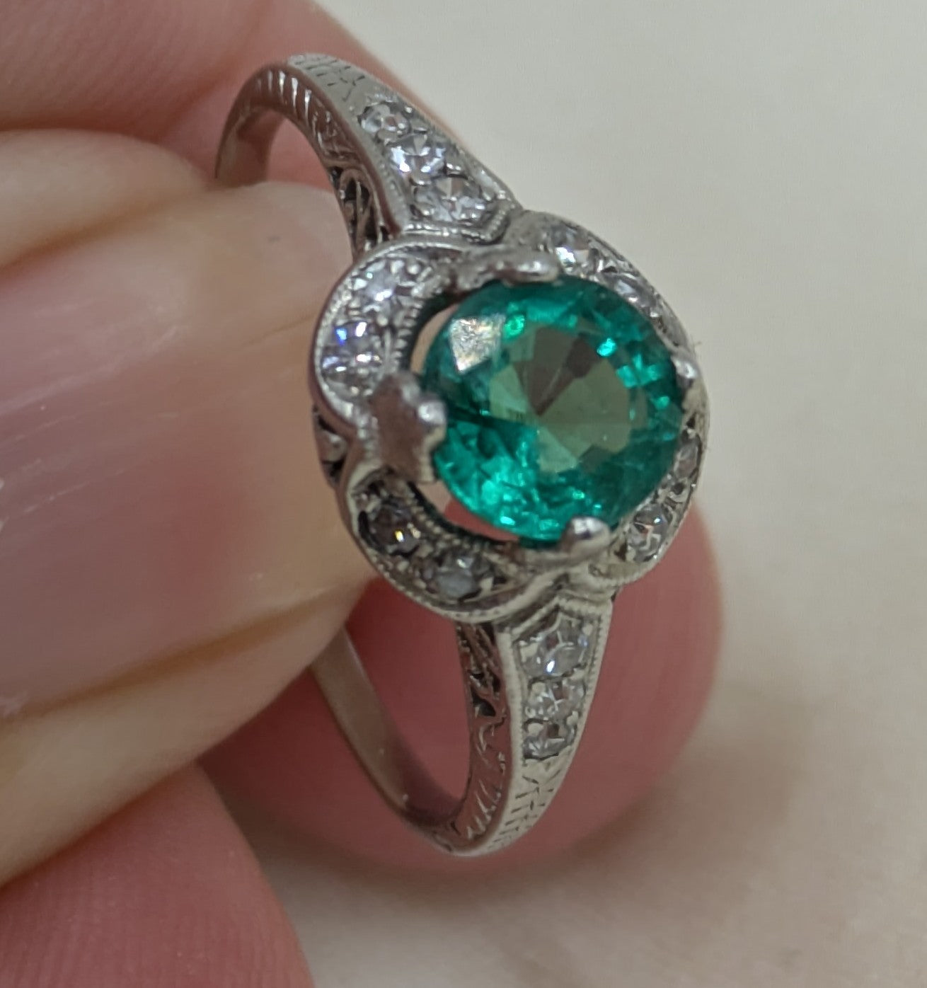 Antique Platinum Diamond Ring with new 1.1 carat Emerald
