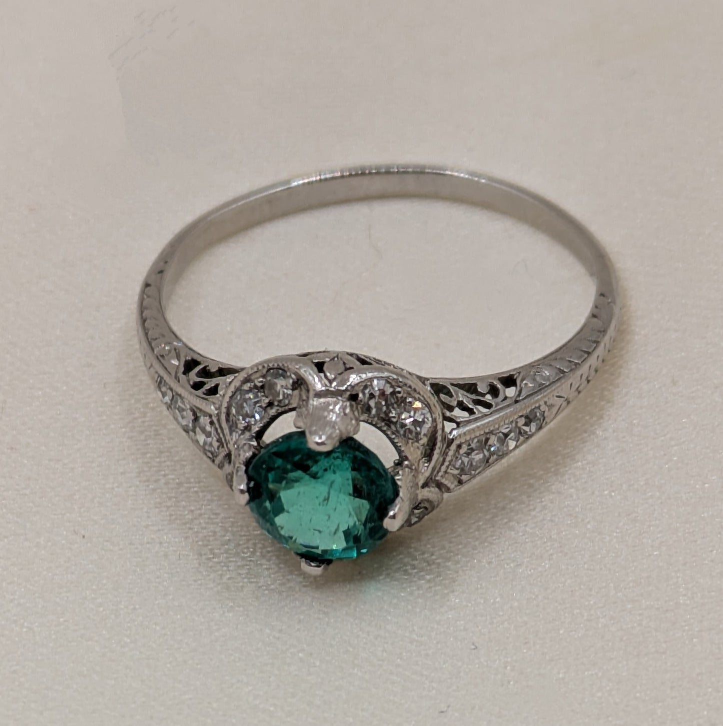 Antique Platinum Diamond Ring with new 1.1 carat Emerald