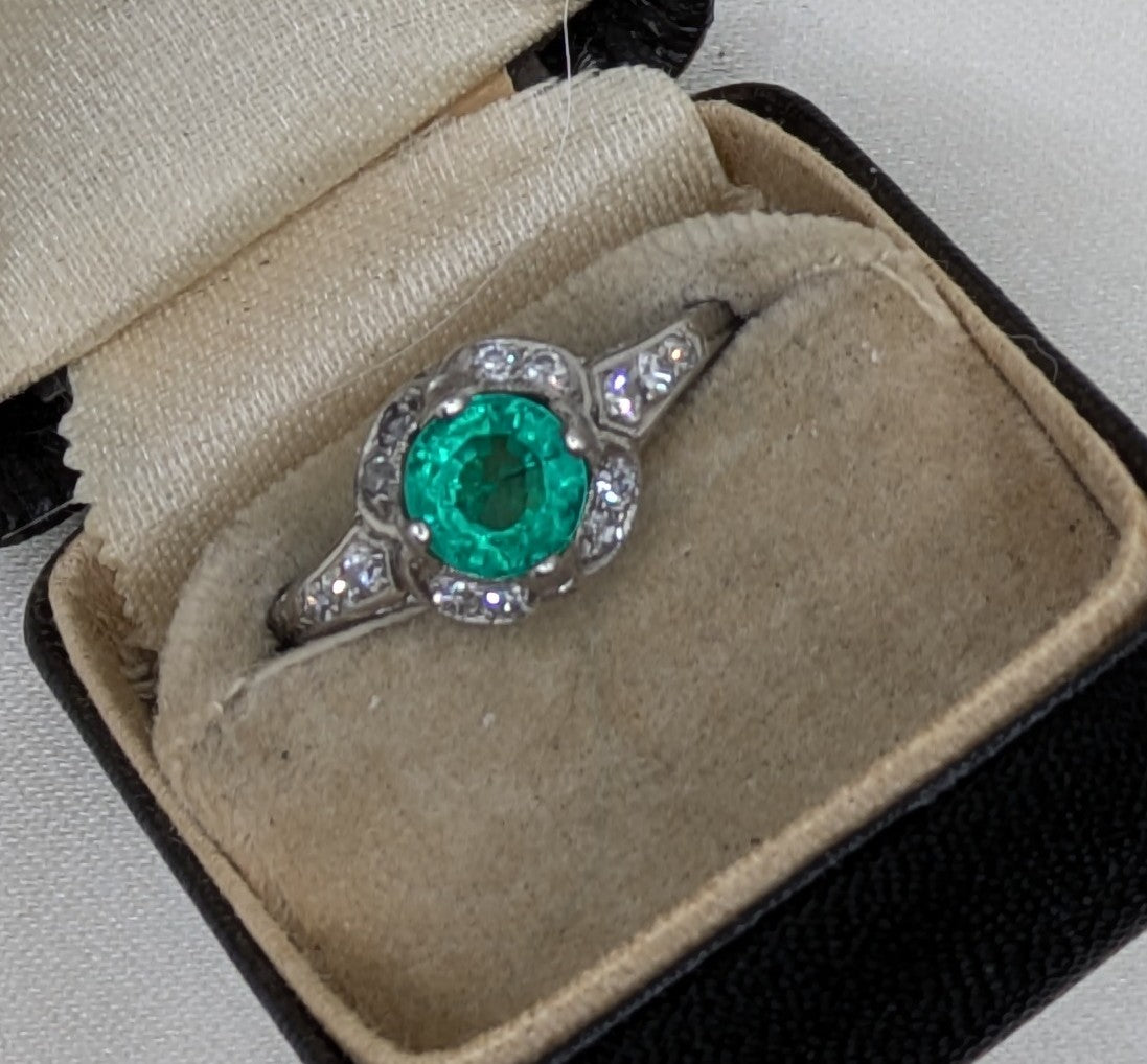 Antique Platinum Diamond Ring with new 1.1 carat Emerald