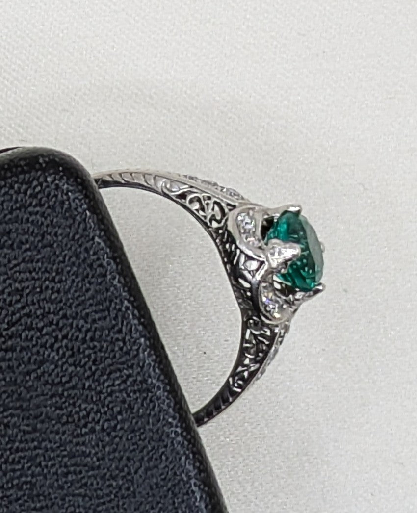 Antique Platinum Diamond Ring with new 1.1 carat Emerald