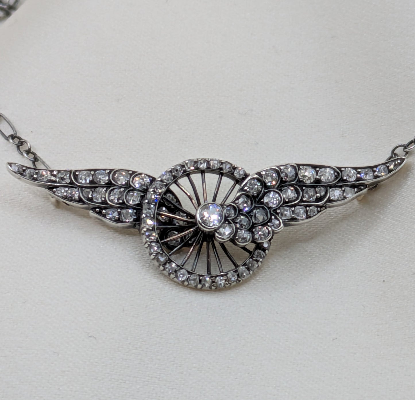 Incredible Victorian Old Mine Cut Diamond Winged Wheel Necklace