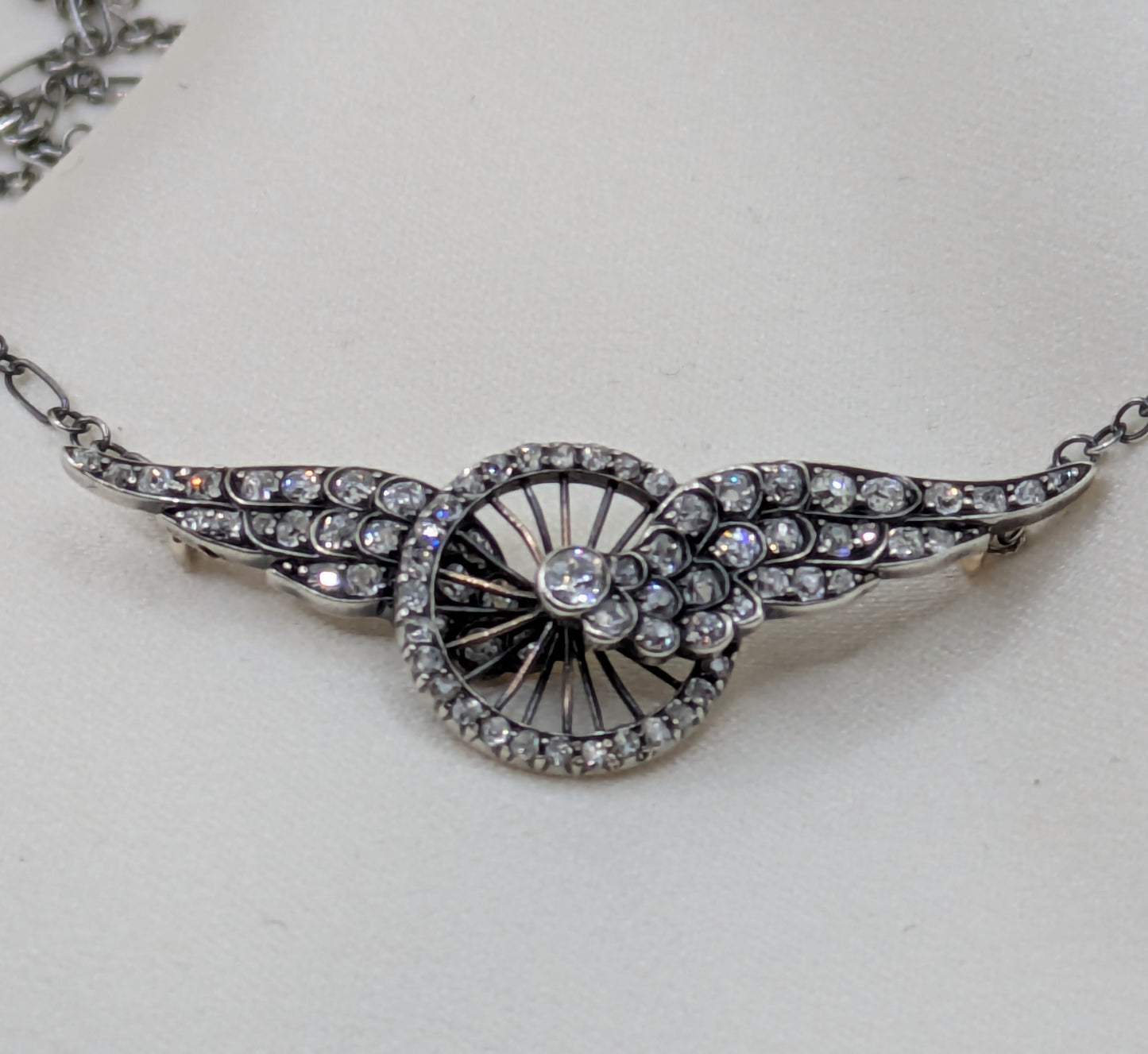 Incredible Victorian Old Mine Cut Diamond Winged Wheel Necklace