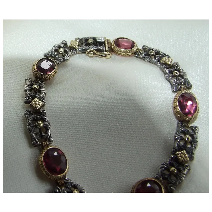 Unique Victorian Renaissance Revival Pink Sapphire Gold and Silver Bracelet Appraisal included