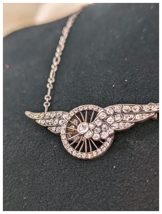 Incredible Victorian Old Mine Cut Diamond Winged Wheel Necklace
