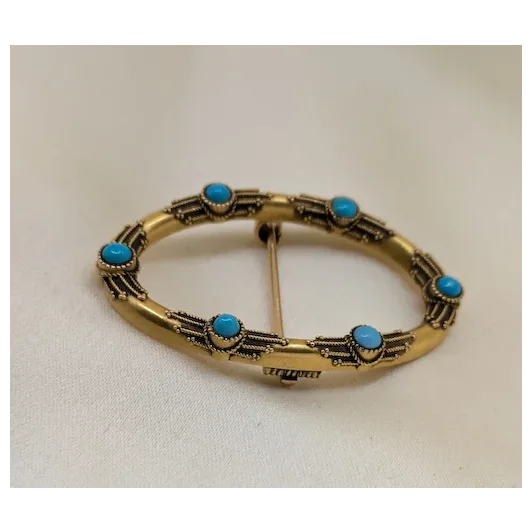 14k Bloomed Gold Victorian Brooch with Turquoise Cabochons