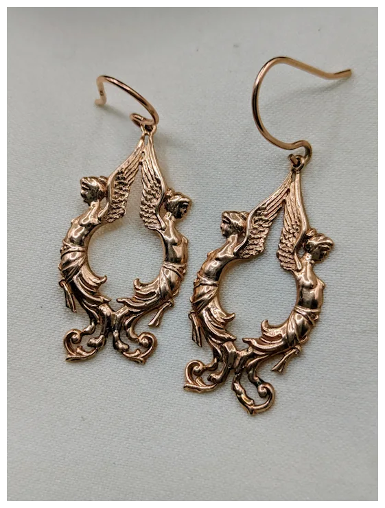 14k Pink Gold Harpy Winged Woman Mythological Earrings