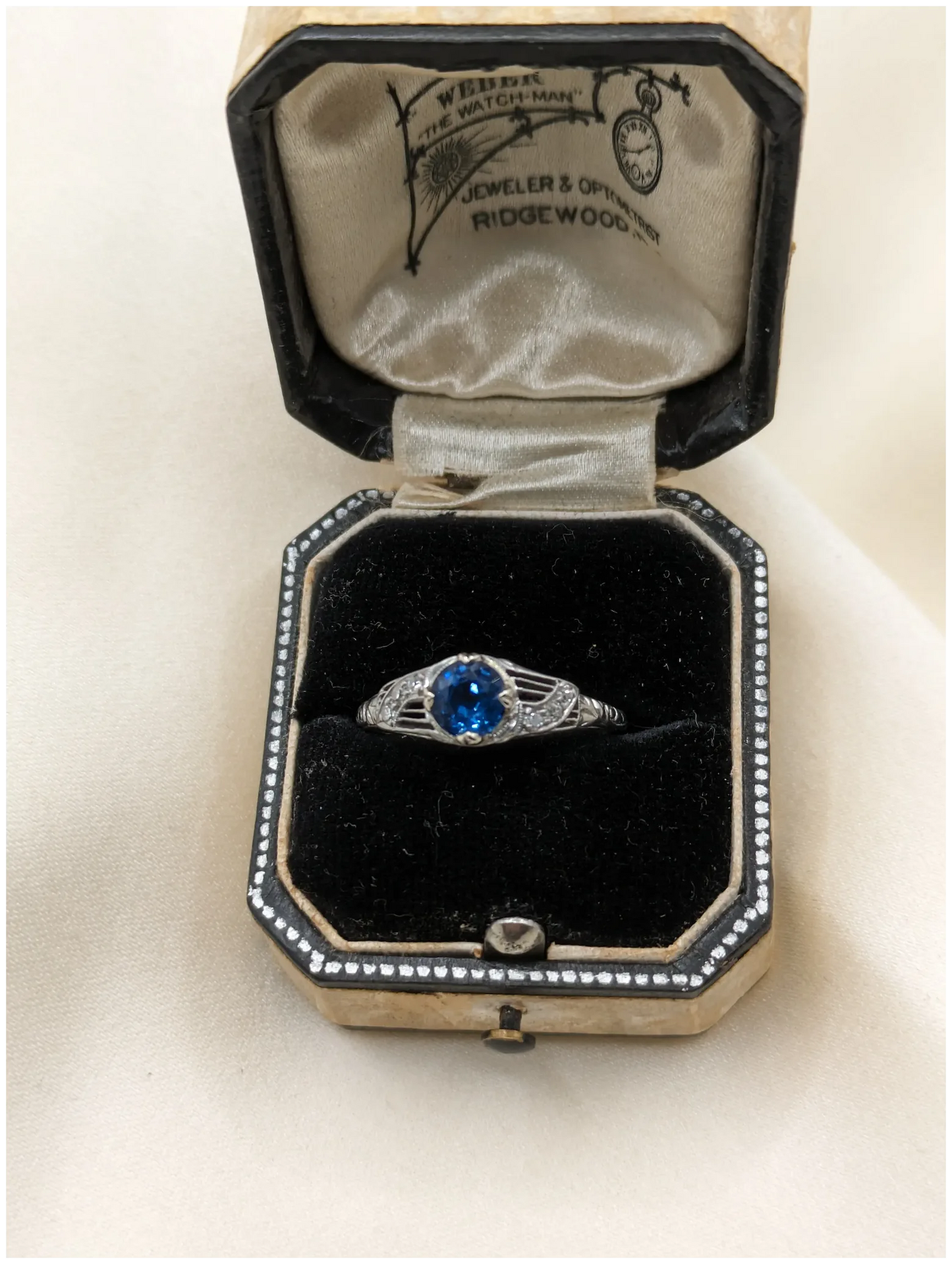 Deco 10% iridium Platinum Sapphire and Diamond Ring