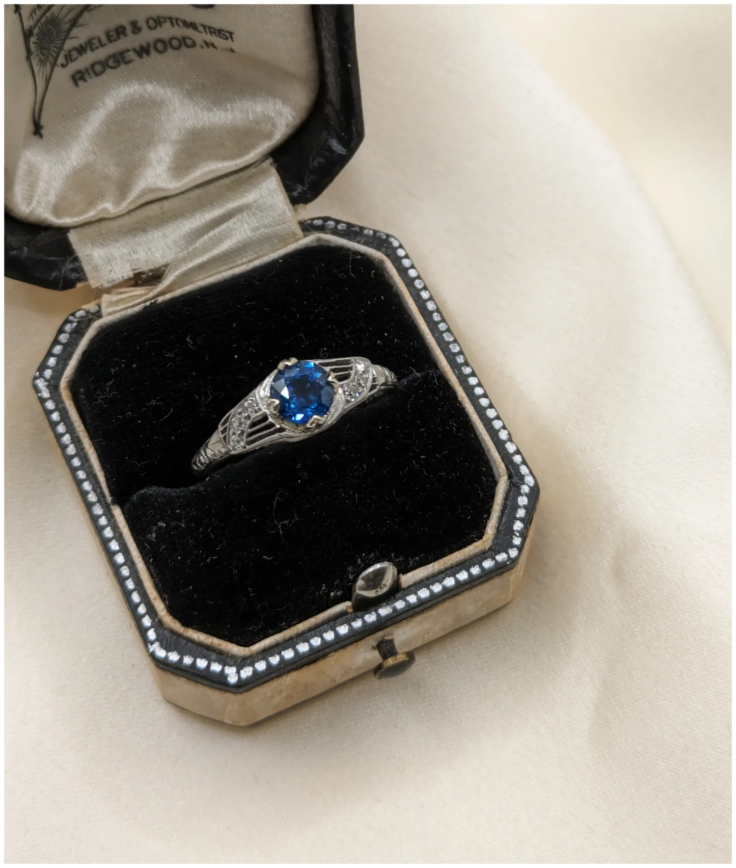 Deco 10% iridium Platinum Sapphire and Diamond Ring