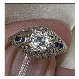 Deco Edwardian 1.22 carat European cut Diamond Ring Sapphire Accents - appraisal Included