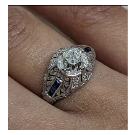 Deco Edwardian 1.22 carat European cut Diamond Ring Sapphire Accents - appraisal Included