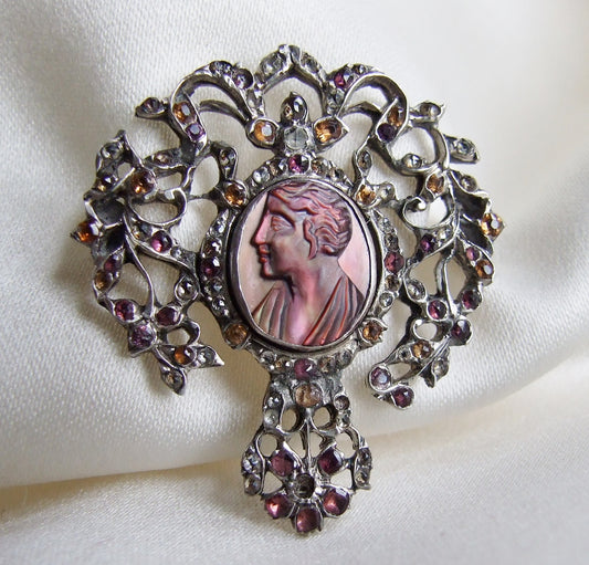 Georgian Rose Diamond Topaz Garnet Cameo Brooch