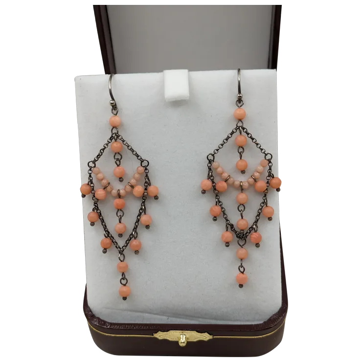 Gorgeous Antique Chandelier Earrings Silver and Angel Skin Coral