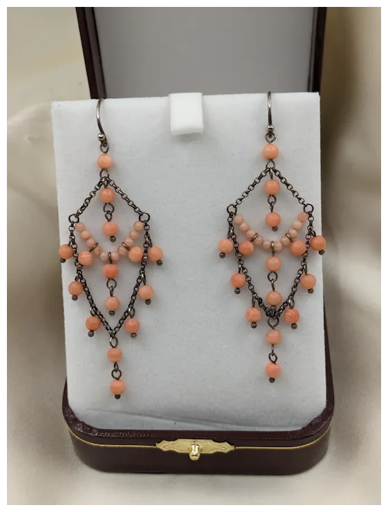 Gorgeous Antique Chandelier Earrings Silver and Angel Skin Coral