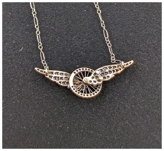 Incredible Victorian Old Mine Cut Diamond Winged Wheel Necklace