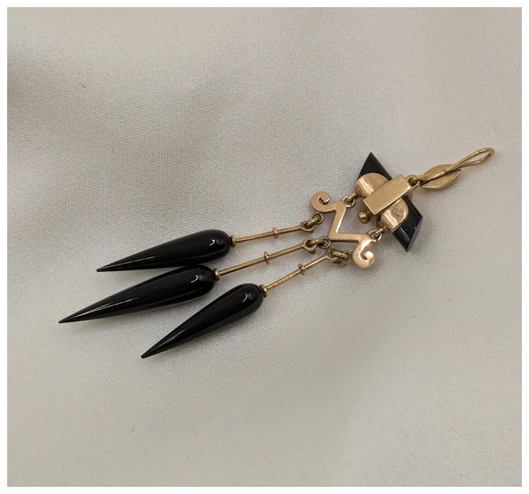 Long and Lovely Victorian 14k Pendant with Black Enamel and French Jet