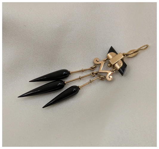 Long and Lovely Victorian 14k Pendant with Black Enamel and French Jet