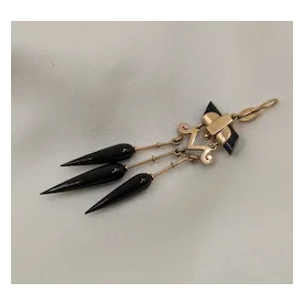 Long and Lovely Victorian 14k Pendant with Black Enamel and French Jet