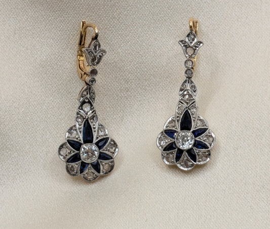 Edwardian 18k and Platinum Diamond Sapphire Flower Earrings