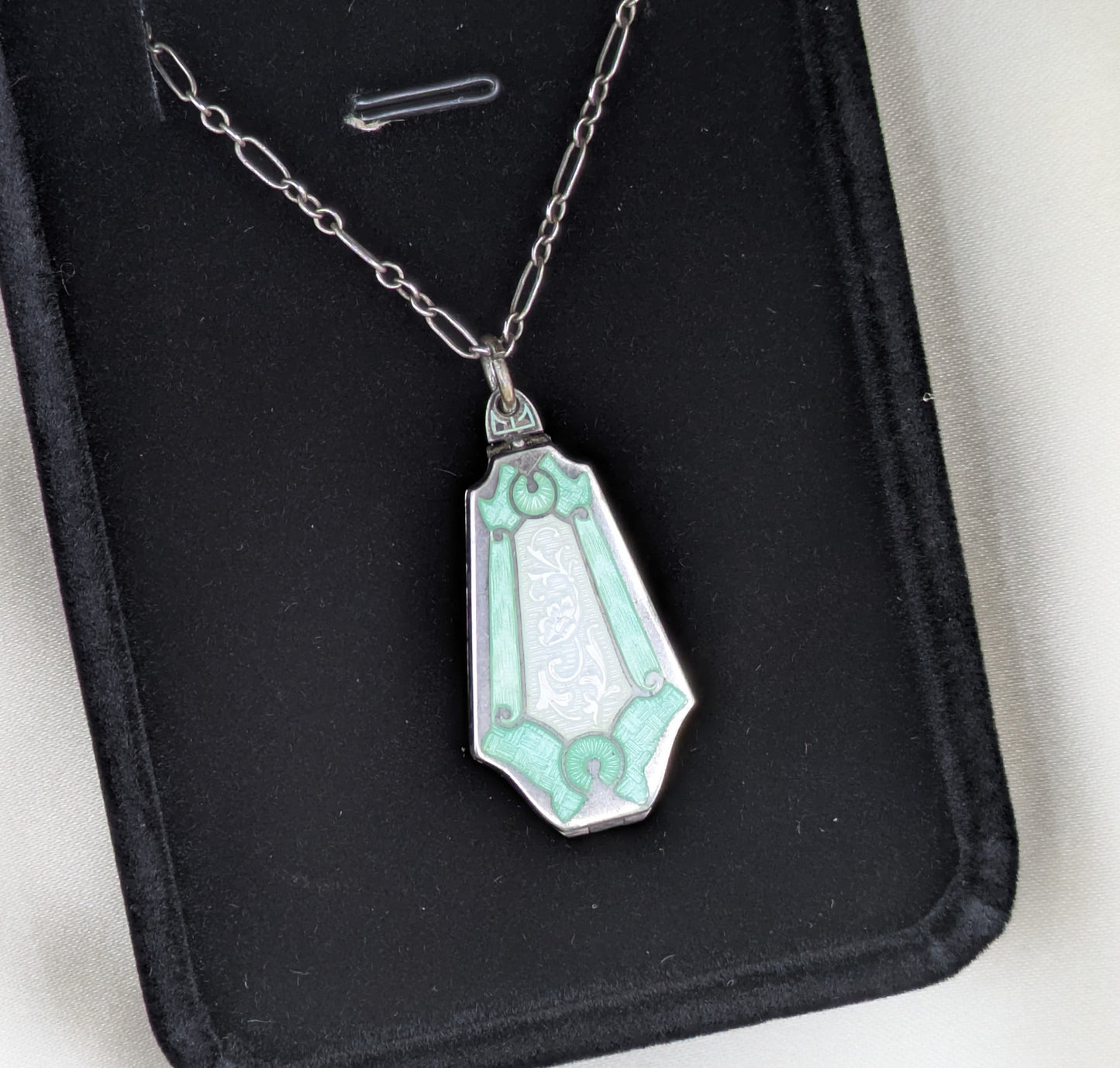 Art Deco Aqua Enamel Locket Sterling Silver