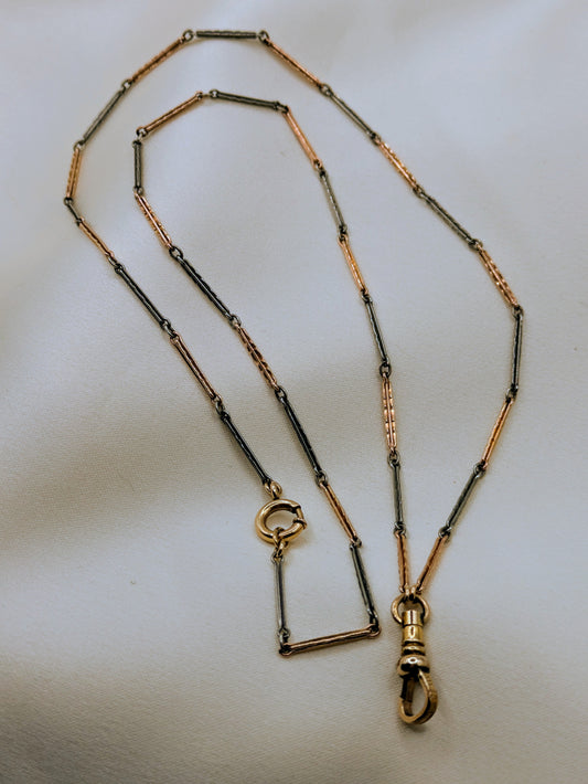 Striking Long Two Tone Pink and White Gold Filled Watch Chain Necklace