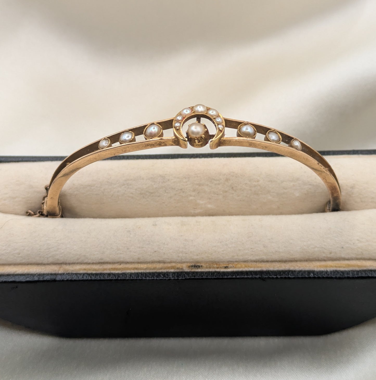 Beautiful Victorian 14k Gold crescent Moon Bangle Bracelet with pearls, inscribed December 1892!