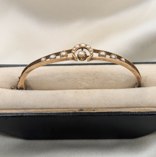 Beautiful Victorian 14k Gold crescent Moon Bangle Bracelet with pearls, inscribed December 1892!