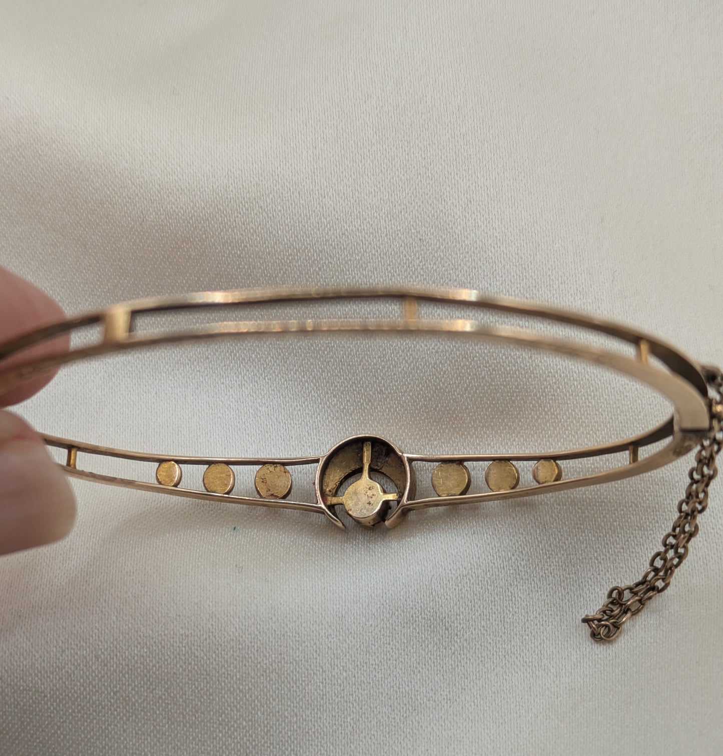 Beautiful Victorian 14k Gold crescent Moon Bangle Bracelet with pearls, inscribed December 1892!
