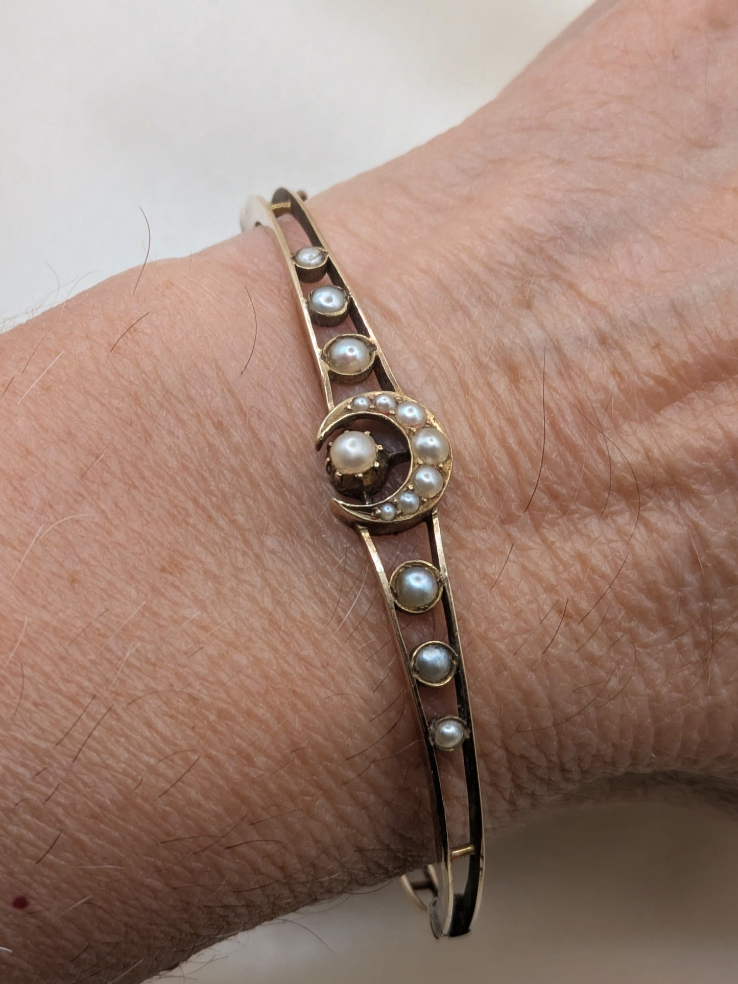 Beautiful Victorian 14k Gold crescent Moon Bangle Bracelet with pearls, inscribed December 1892!