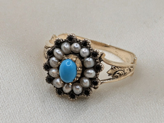 Beautiful circa 1840 Turquoise Pearl and Faceted Jet Gold Ring