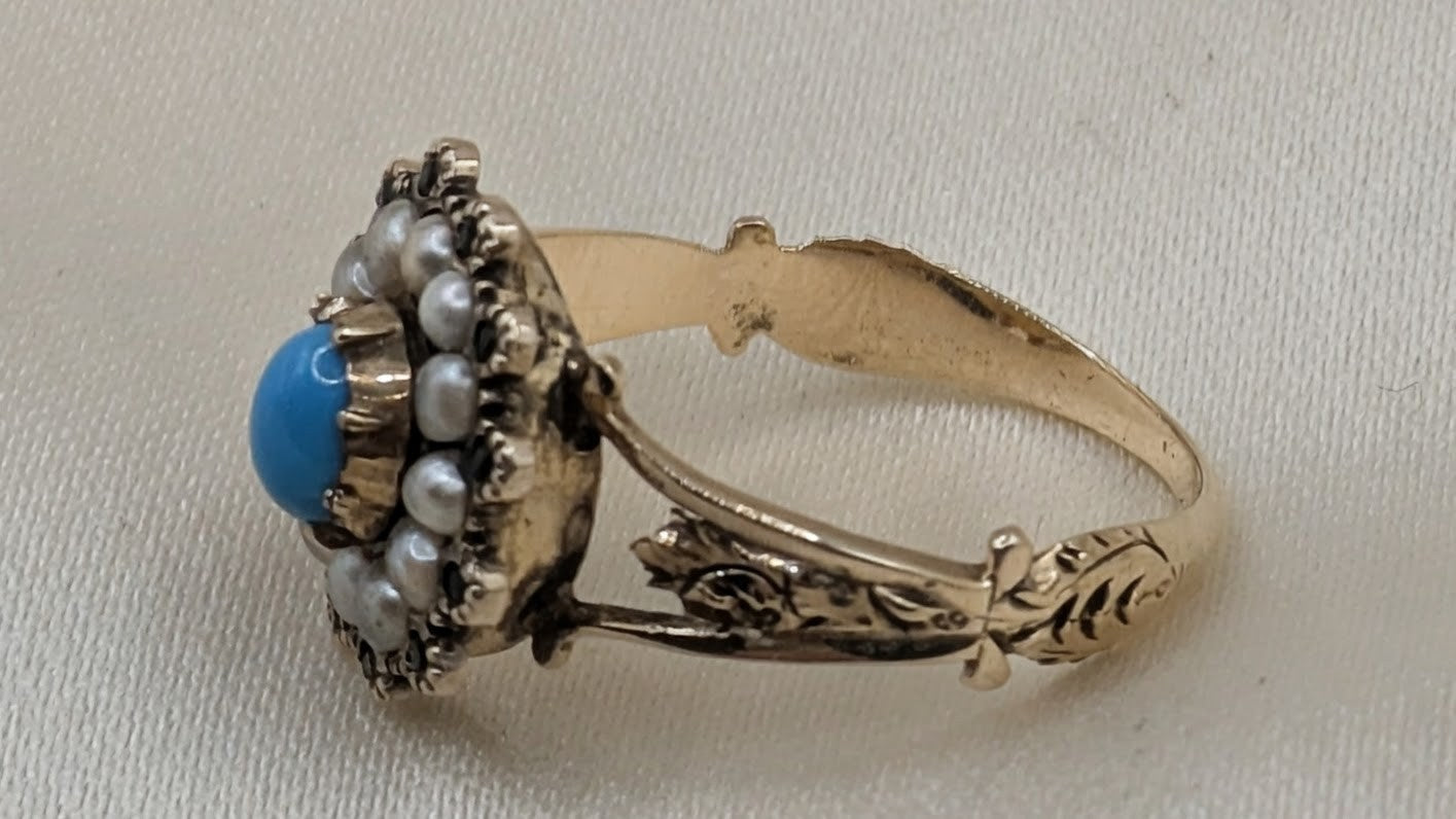 Beautiful circa 1840 Turquoise Pearl and Faceted Jet Gold Ring