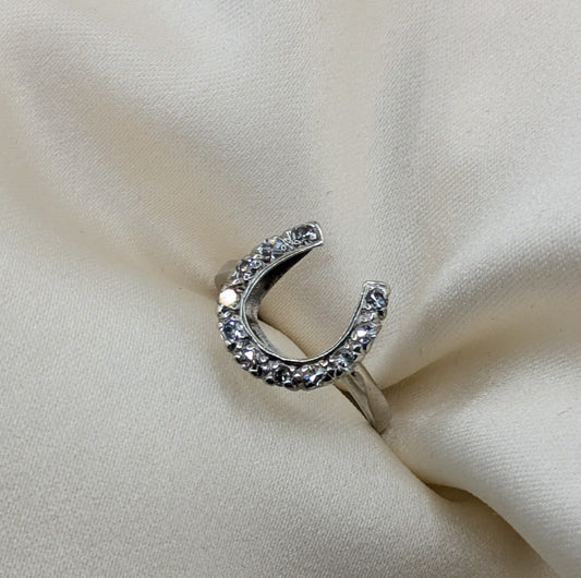 14k Antique White Gold Diamond Horseshoe Ring